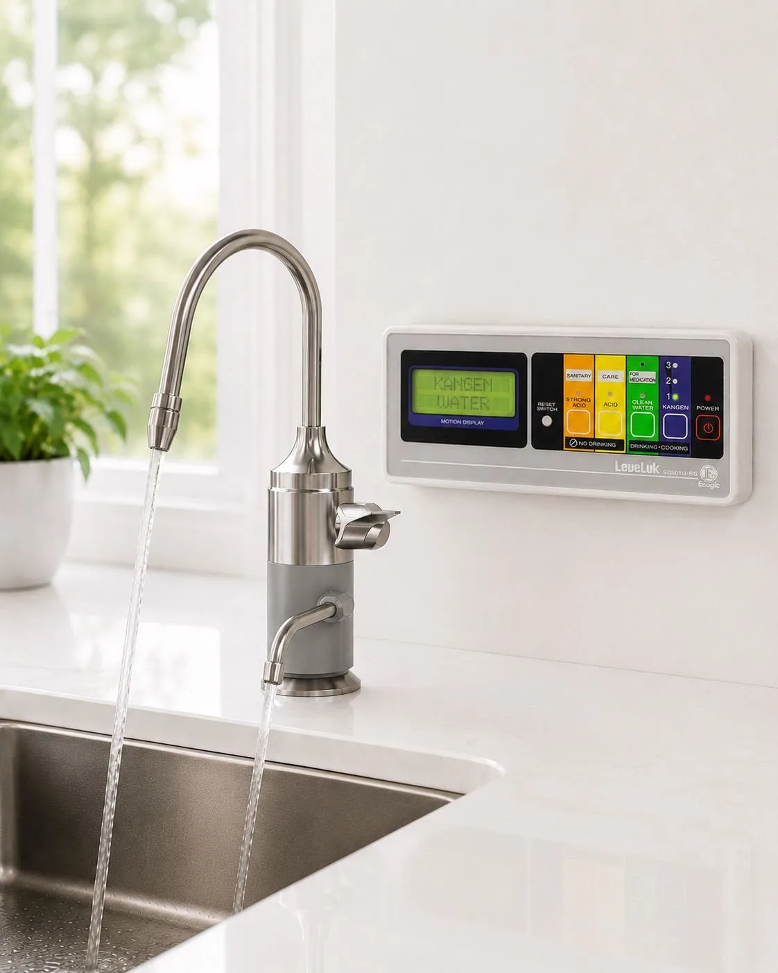 The LeveLuk SD501U faucet and control panel built into a kitchen sink area